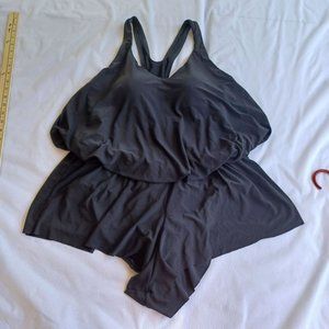 Aqua Green Swimsuit One Piece Racerback Flowey Bottom Black 16W